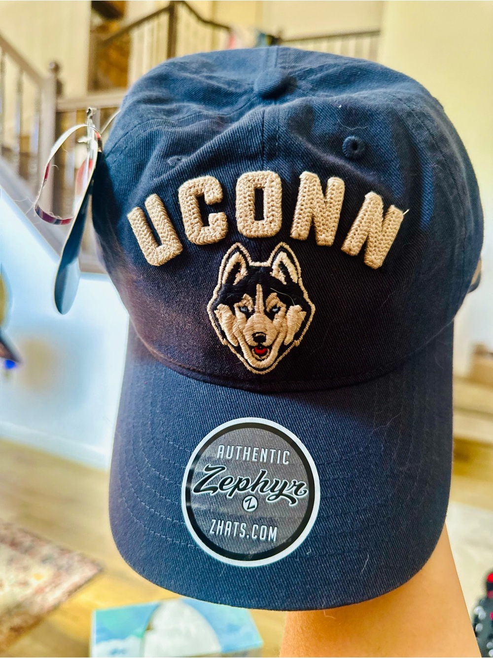 Zephyr Navy and Tan UCONN Embroidered Husky Baseball Hat